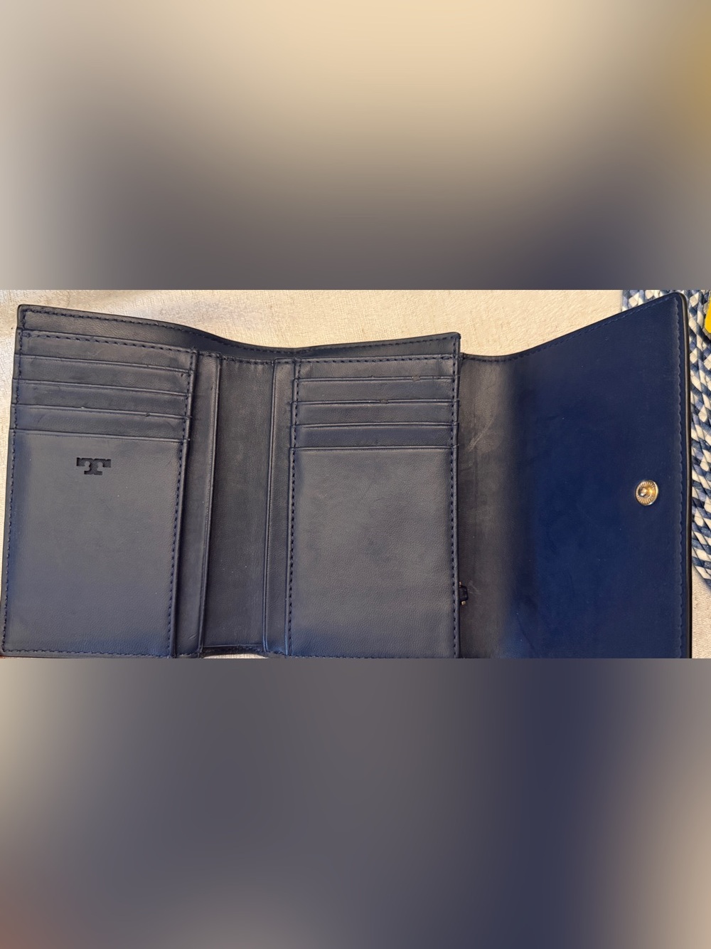 Dark Blue Tory Burch Leather Tri-Fold Wallet with Gold Accent - Picture 2 of 3